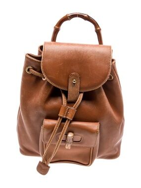 Authentic GUCCI Vintage Bamboo Leather Backpack Calfskin Tan Brown